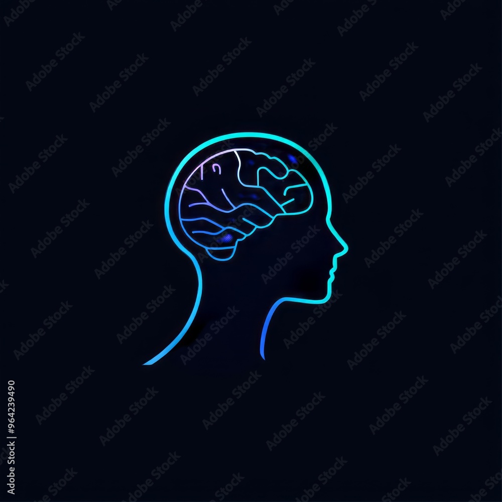 Side profile of a human head with a brain outline inside, blue and purple gradient color. Side profile of a human head with a brain outline inside, blue and purple gradient color.