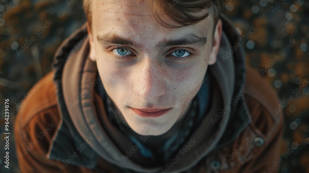 A young man with a beard and blue eyes is wearing a brown jacket and a black hoodie A young man with a beard and blue eyes is wearing a brown jacket and a black hoodie