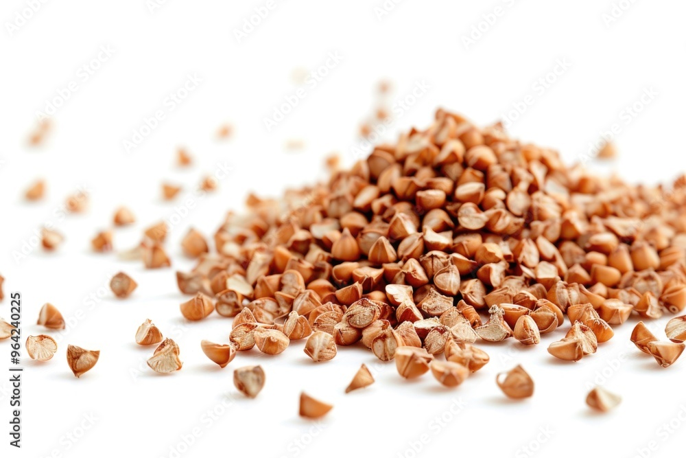 A pile of brown rice with some of the grains missing. The rice is scattered on a white background A pile of brown rice with some of the grains missing. The rice is scattered on a white background