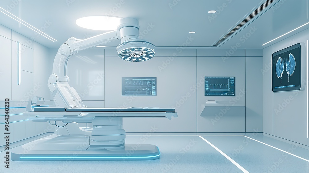 Modern surgical room equipped with advanced robotic technology and medical imaging displays in a clean, sterile environment Modern surgical room equipped with advanced robotic technology and medical imaging displays in a clean, sterile environment