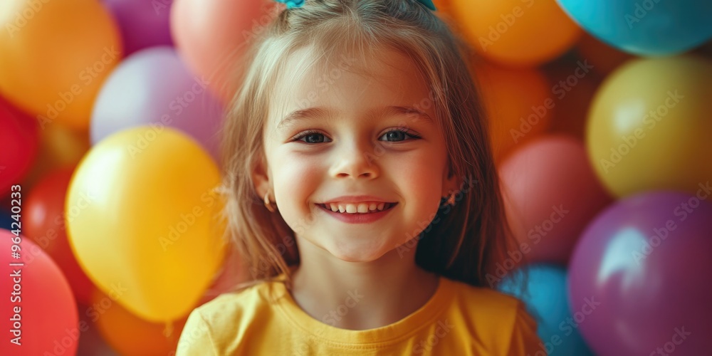 A young girl is smiling and surrounded by a bunch of colorful balloons. The balloons are of different sizes and colors, creating a fun and playful atmosphere A young girl is smiling and surrounded by a bunch of colorful balloons. The balloons are of different sizes and colors, creating a fun and playful atmosphere