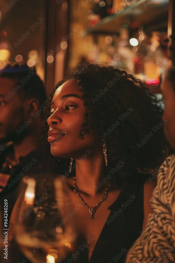 A woman with curly hair is sitting at a bar with a man and another woman. She is wearing a necklace and a pair of earrings A woman with curly hair is sitting at a bar with a man and another woman. She is wearing a necklace and a pair of earrings