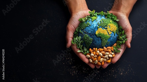 Global hunger relief, hands offering food to a world in need, watercolor