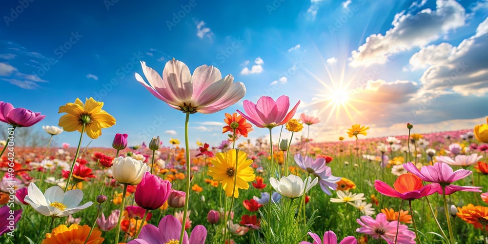 Vibrant pastel flower field under a sunny blue sky, perfect for spring-themed designs Vibrant pastel flower field under a sunny blue sky, perfect for spring-themed designs