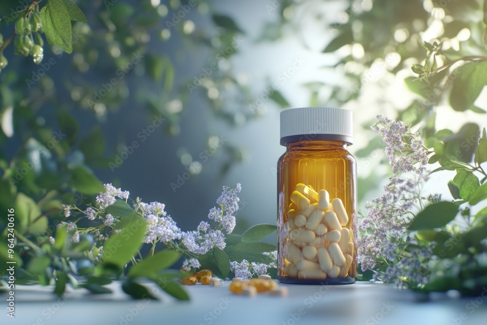 A bottle of pills is sitting on a table next to some flowers. The bottle is brown and has a white lid. The flowers are purple and green, and they are scattered around the bottle A bottle of pills is sitting on a table next to some flowers. The bottle is brown and has a white lid. The flowers are purple and green, and they are scattered around the bottle