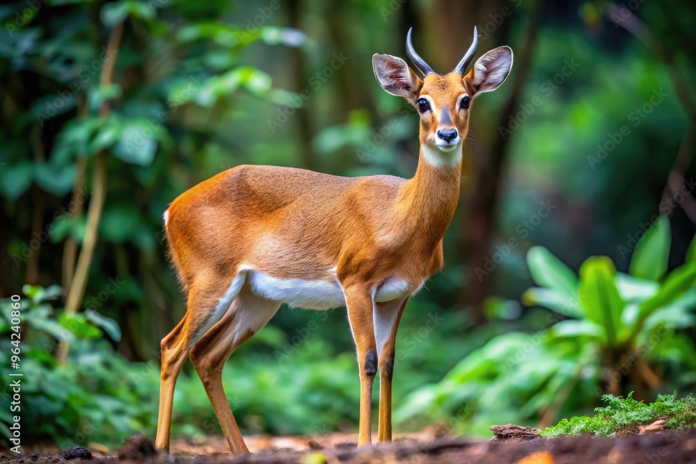 A Small, Reddish-Brown Antelope With A Short Tail And A White Underbelly Standing In A Dense Forest A Small, Reddish-Brown Antelope With A Short Tail And A White Underbelly Standing In A Dense Forest