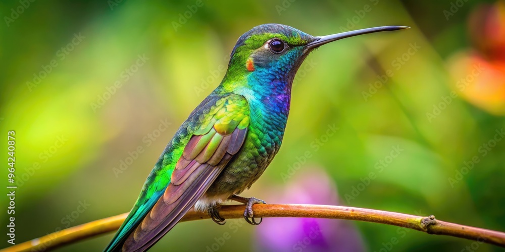 Fototapeta premium A Small, Iridescent Hummingbird With A Long, Pointed Beak And A Bright Green Head And Back