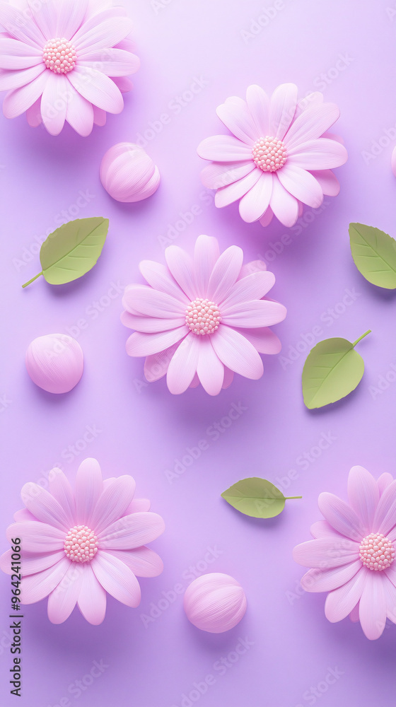 Obraz premium 3D cartoon purple flowers on floral background 