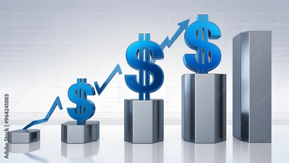 Bar chart with upward trend and dollar symbols, positive investment returns Bar chart with upward trend and dollar symbols, positive investment returns