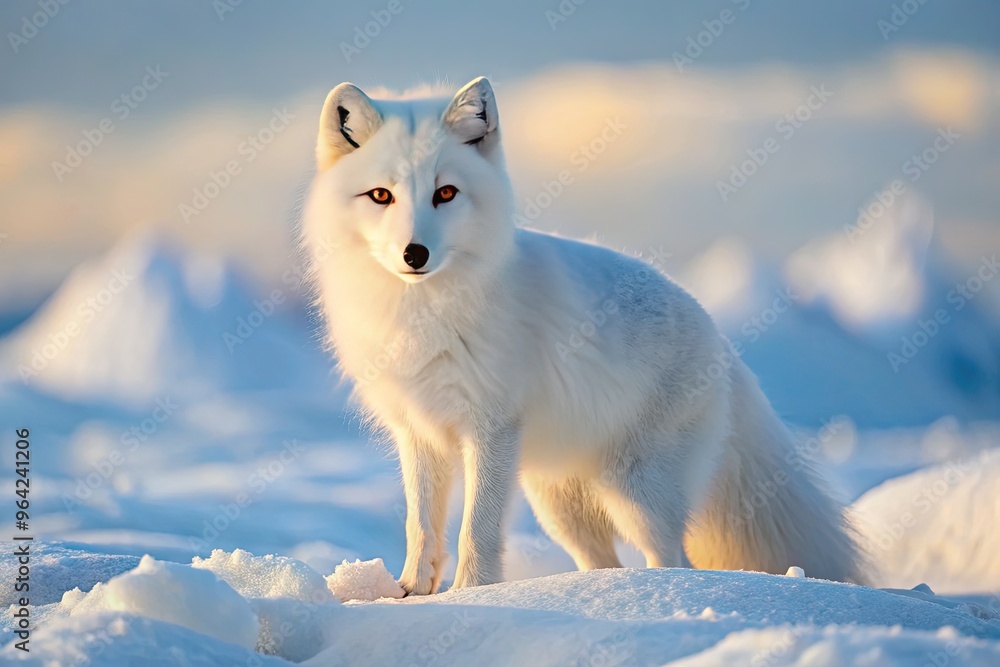 Obraz premium A solitary arctic fox with a thick white coat and piercing yellow eyes stands alert in a breathtaking winter landscape of snow-covered tundra and ice.