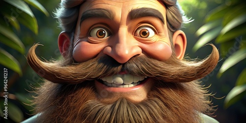 A Smiling, Mustachioed Cartoon Character With A Bushy, Brown Beard And A Mischievous Expression