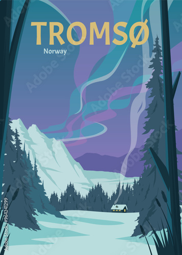 northern light in tromso vintage poster design, norway aurora borealis poster