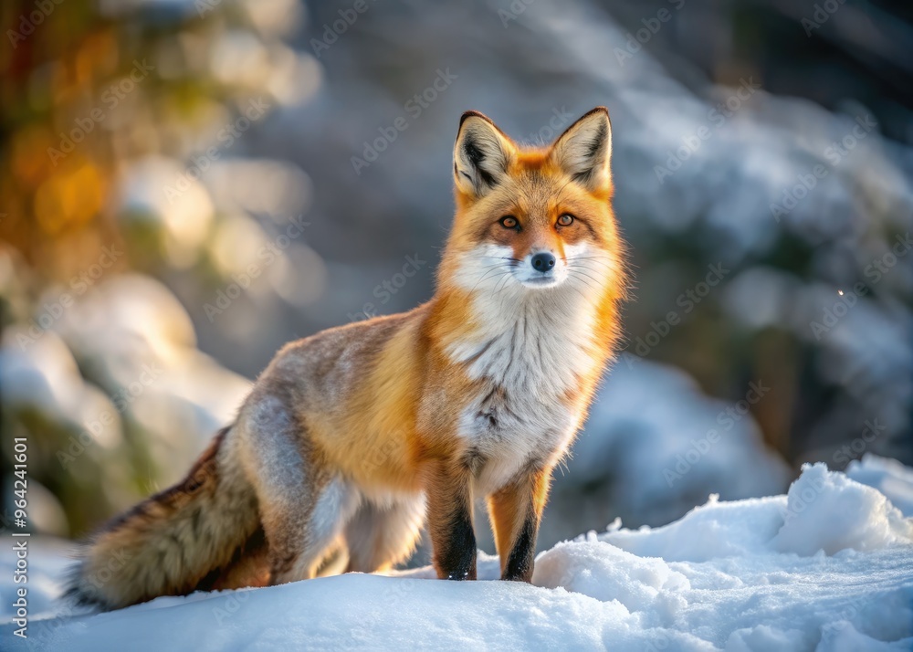 A Solitary Winter Fox Stands Amidst A Snowy Backdrop, Its Piercing Gaze And Bushy Tail Capturing The Essence Of The Season. A Solitary Winter Fox Stands Amidst A Snowy Backdrop, Its Piercing Gaze And Bushy Tail Capturing The Essence Of The Season.