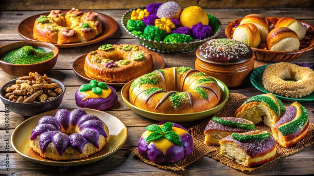 A Spread Of Classic Mardi Gras Treats, Including Colorful King Cakes, Indulgent Beignets, And Savory Jambalaya A Spread Of Classic Mardi Gras Treats, Including Colorful King Cakes, Indulgent Beignets, And Savory Jambalaya