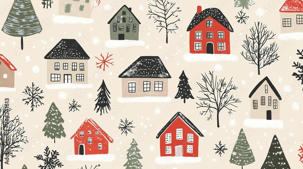 Charming winter village with snow-covered houses and trees in festive colors, creating a cozy atmosphere during the holiday season Charming winter village with snow-covered houses and trees in festive colors, creating a cozy atmosphere during the holiday season