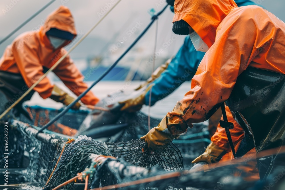 Fishermen clad in vibrant orange rain gear work together handling nets on a stormy sea, embodying teamwork and resilience amid challenging conditions. Fishermen clad in vibrant orange rain gear work together handling nets on a stormy sea, embodying teamwork and resilience amid challenging conditions.