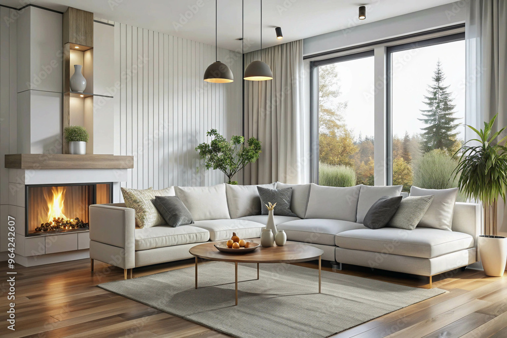 Modern Cozy Living Room with L Shaped Sofa and Forest View Modern Cozy Living Room with L Shaped Sofa and Forest View