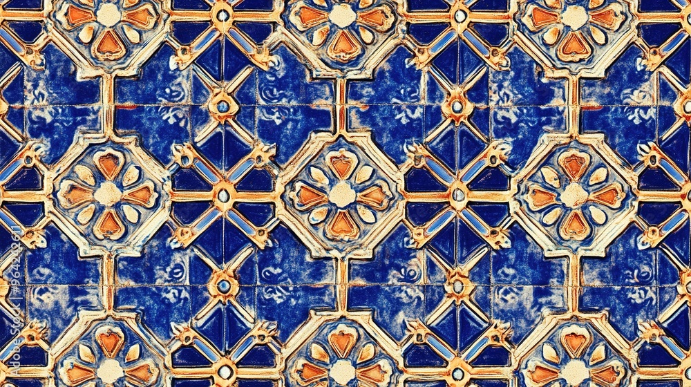 Intricate blue and orange tile pattern showcasing traditional craftsmanship from a historic building facade Intricate blue and orange tile pattern showcasing traditional craftsmanship from a historic building facade