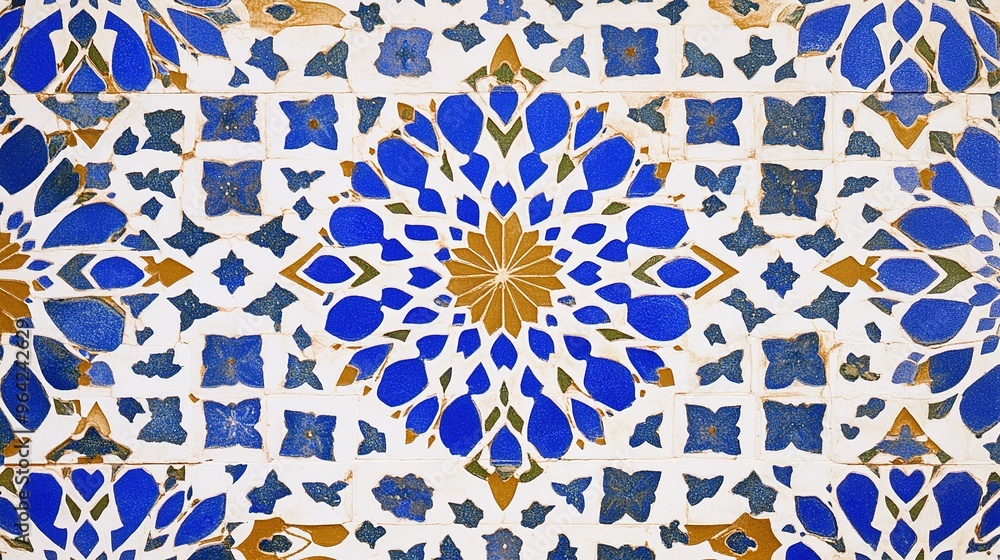 Intricate blue and white mosaic tile design featuring floral patterns, displayed on a wall in a traditional architectural setting Intricate blue and white mosaic tile design featuring floral patterns, displayed on a wall in a traditional architectural setting