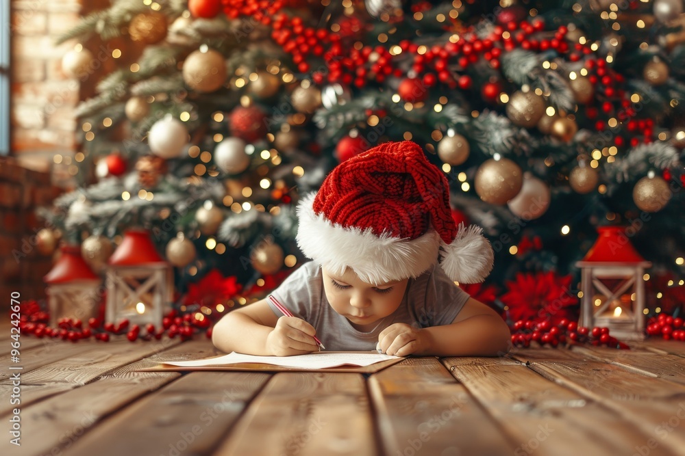 Boy Writes Christmas Letter to Santa, Lantern Glow Illuminates Dreams, Festive Tree Sparkles Boy Writes Christmas Letter to Santa, Lantern Glow Illuminates Dreams, Festive Tree Sparkles