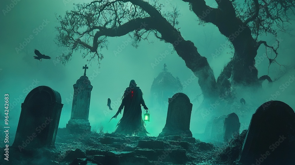 Mysterious figure with lantern in foggy graveyard at night surrounded by ominous trees and crows Mysterious figure with lantern in foggy graveyard at night surrounded by ominous trees and crows