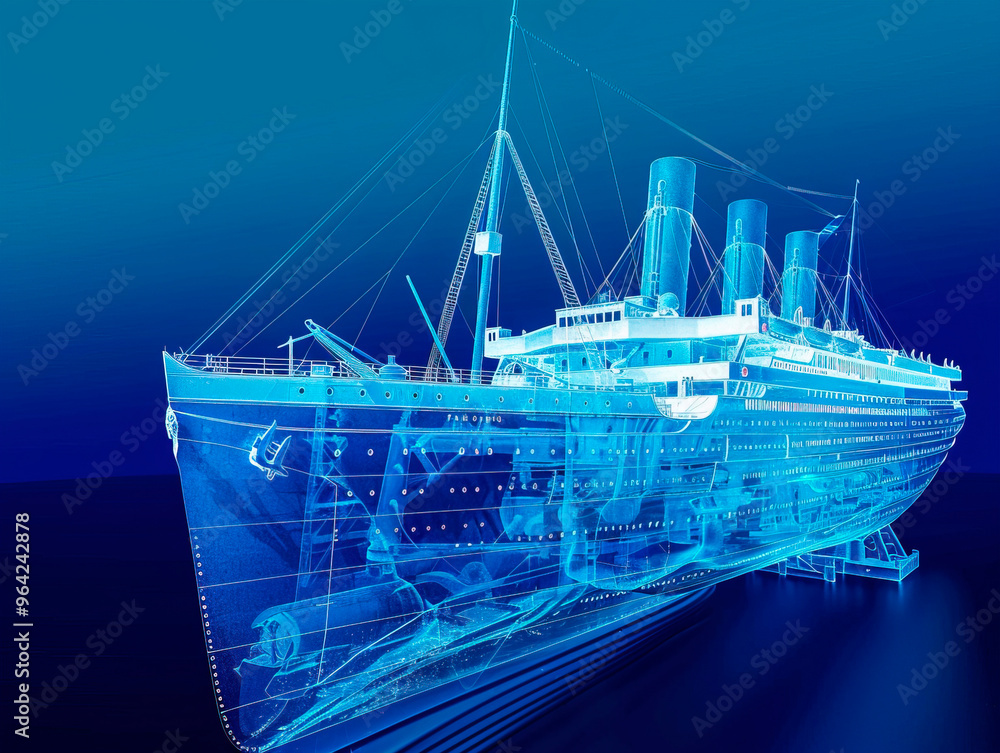 Fototapeta premium Titanic visualization with augmented reality Transparent Titanic in studio drawing in blue colors. Advanced Industry Research and Development.