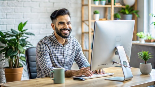  happy latina person sitting at desk computer