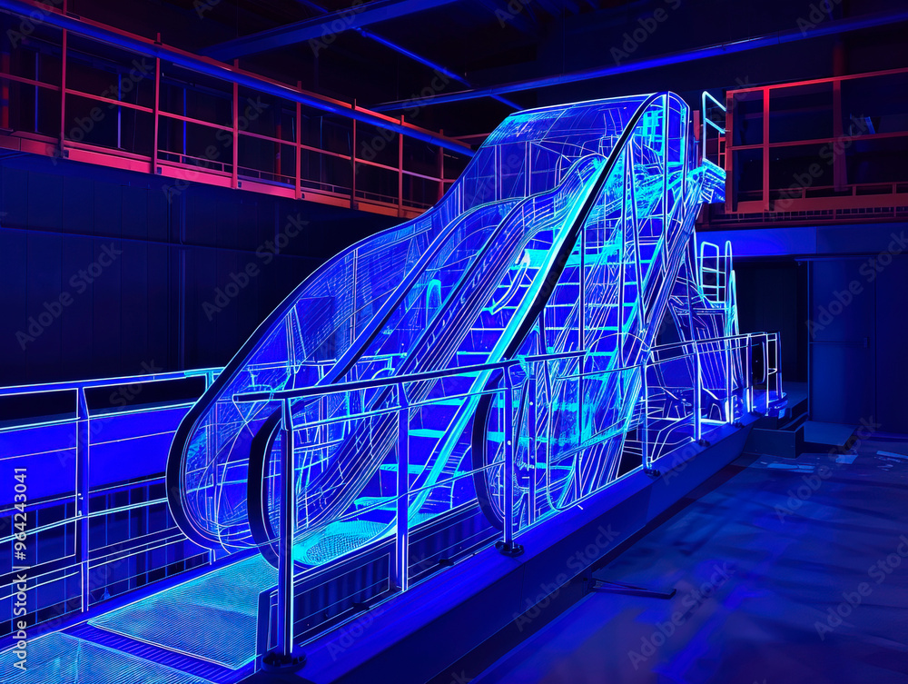 Fototapeta premium Titanic visualization with augmented reality Transparent funicular in studio drawing in blue colors. Advanced Industry Research and Development.