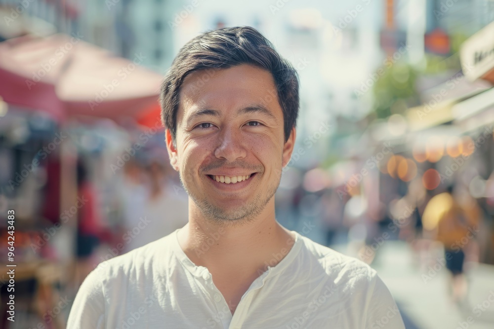A cheerful man in a white shirt smiles brightly, standing in a lively outdoor market with blurry background activity. A cheerful man in a white shirt smiles brightly, standing in a lively outdoor market with blurry background activity.
