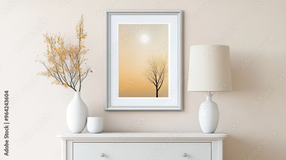 Acrylic painting of a moonlit garden, framed in silver, romantic dining room, Valentine's Day setting Acrylic painting of a moonlit garden, framed in silver, romantic dining room, Valentine's Day setting