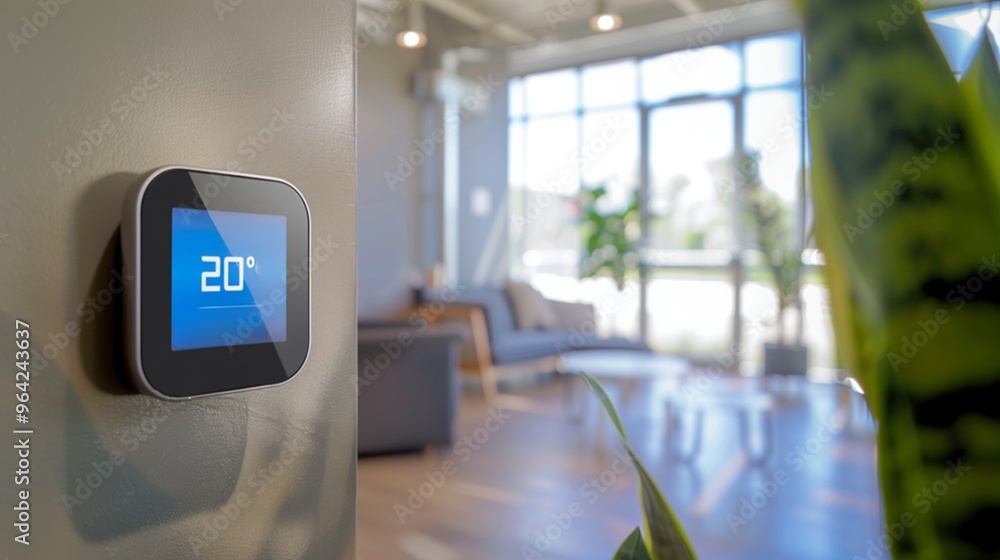 Smart Thermostat Display Showing 20°C in Modern Living Room Smart Thermostat Display Showing 20°C in Modern Living Room