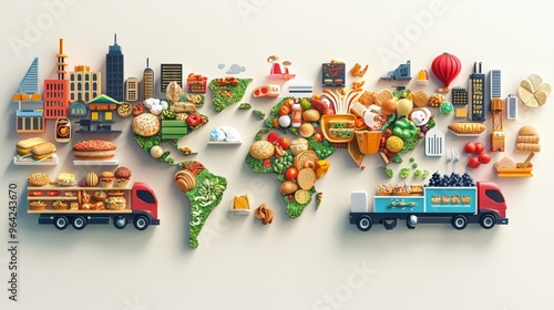 World food supply chain, food trucks circling the globe, 3D flat design illustration