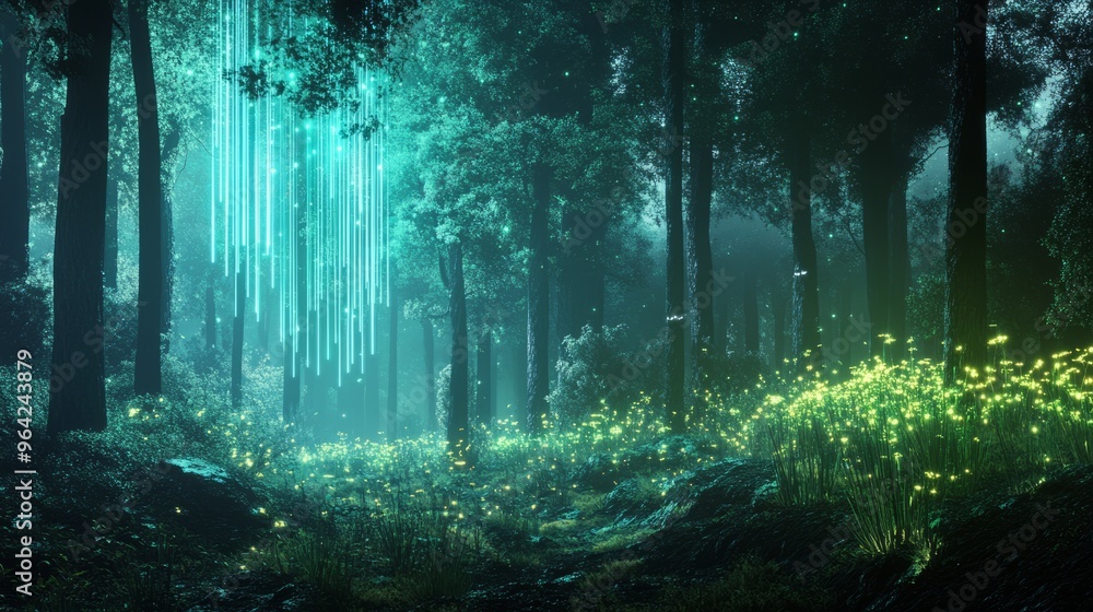 Fototapeta premium Bioluminescent Forest: Futuristic Glade with Tech-Embedded Trees 1