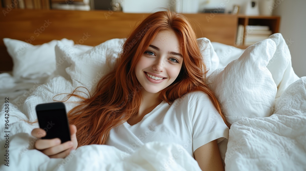 Beautiful redhead woman lying in bed using smartphone Beautiful redhead woman lying in bed using smartphone