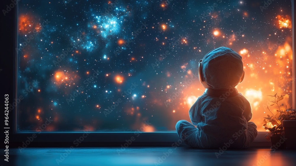 A baby sits by a window, looking out at a starry night sky, filled with wonder and curiosity. A baby sits by a window, looking out at a starry night sky, filled with wonder and curiosity.