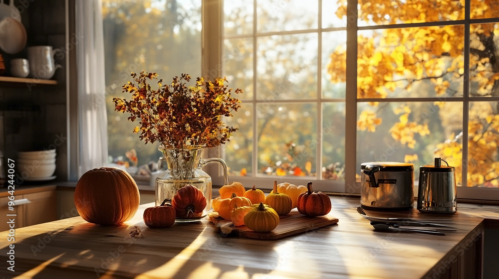 Autumn decor with pumpkins and yellow leaves in kitchen. Autumn decor with pumpkins and yellow leaves in kitchen.