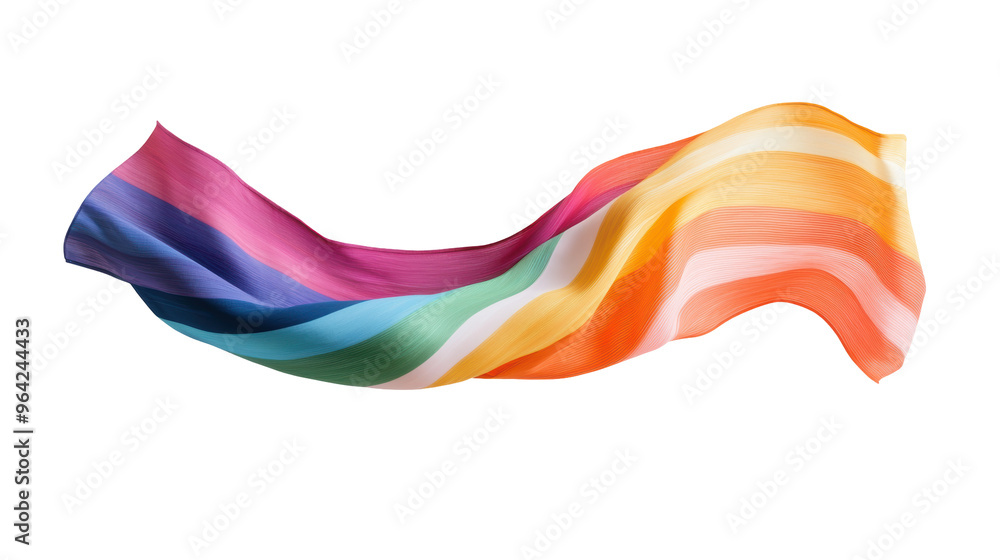 Fototapeta premium Colorful wavy fabric with rainbow stripes, displaying a flowing, dynamic texture in bright hues and curved lines. Isolated on transparent background, png.