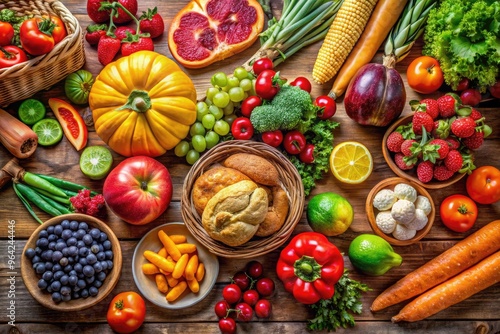 A Variety Of Fresh And Colorful Fruits, Vegetables, And Baked Goods Arranged On A Wooden Background