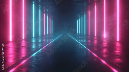 Neon blue and pink lights in a futuristic hallway, with reflections.