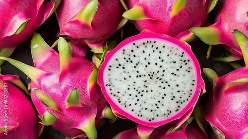  Colorful dragon fruit, pink and green skin, sliced open to show the white flesh and black seeds photo