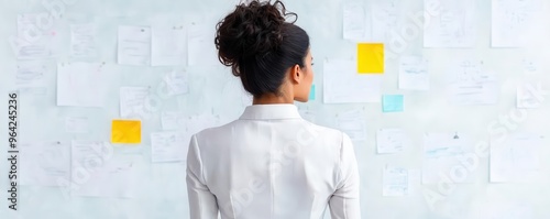 Businesswoman standing at a whiteboard, explaining complex ideas to engaged colleagues, thought leadership concept