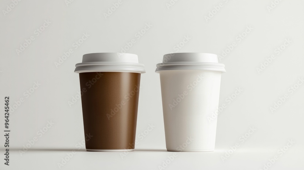 Two Disposable Coffee Cups on Neutral Background Two Disposable Coffee Cups on Neutral Background