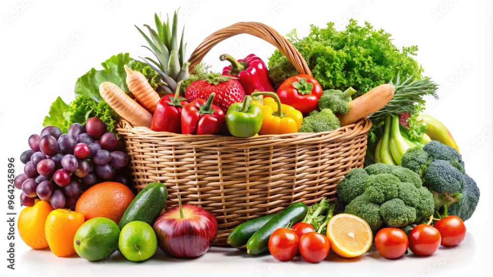 A vibrant, mouth-watering arrangement of fresh organic fruits and vegetables in a wicker basket, set against a clean white background, exuding health and wellness. A vibrant, mouth-watering arrangement of fresh organic fruits and vegetables in a wicker basket, set against a clean white background, exuding health and wellness.