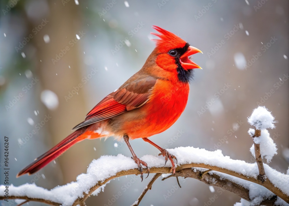 A Vibrant Red Cardinal Perches On A Snowy Branch, Its Crest Raised And Its Beak Open In Song. A Vibrant Red Cardinal Perches On A Snowy Branch, Its Crest Raised And Its Beak Open In Song.