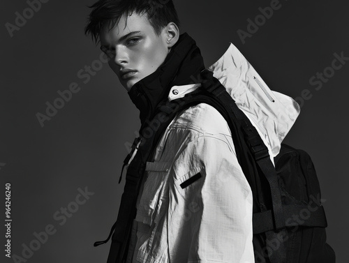 Modern Monochrome Techwear: Detailed Fashion Editorial Featuring Model in Stark Lighting