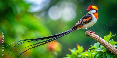 A vibrant e pintailed whydah perches upon a branch, its bright orange face and long, flowing crest feathers a stark contrast to the muted green foliage. photo