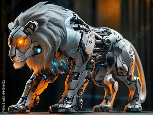 Futuristic Metallic Lion with Mechanical Enhancements and Glowing Eyes