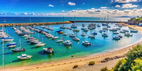 A View Of The Boats In The Marina And The Blue Ocean Beyond, With The Sandy Beach In The Foreground. photo