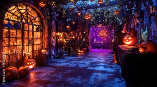 Spooky Halloween corridor decorated with jack-o'-lanterns and candles.