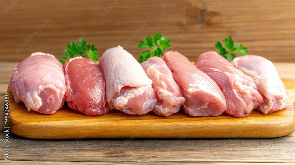 Raw chicken pieces on a wooden cutting board with parsley, AI Raw chicken pieces on a wooden cutting board with parsley, AI